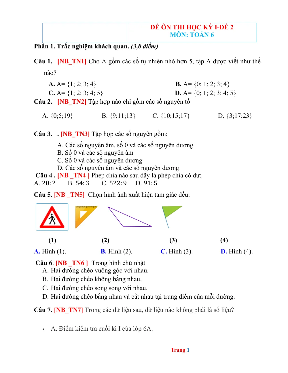 Xem trước trang 1 của "Đề Ôn Thi Học Kỳ I - Toán 6 - Đề 2"