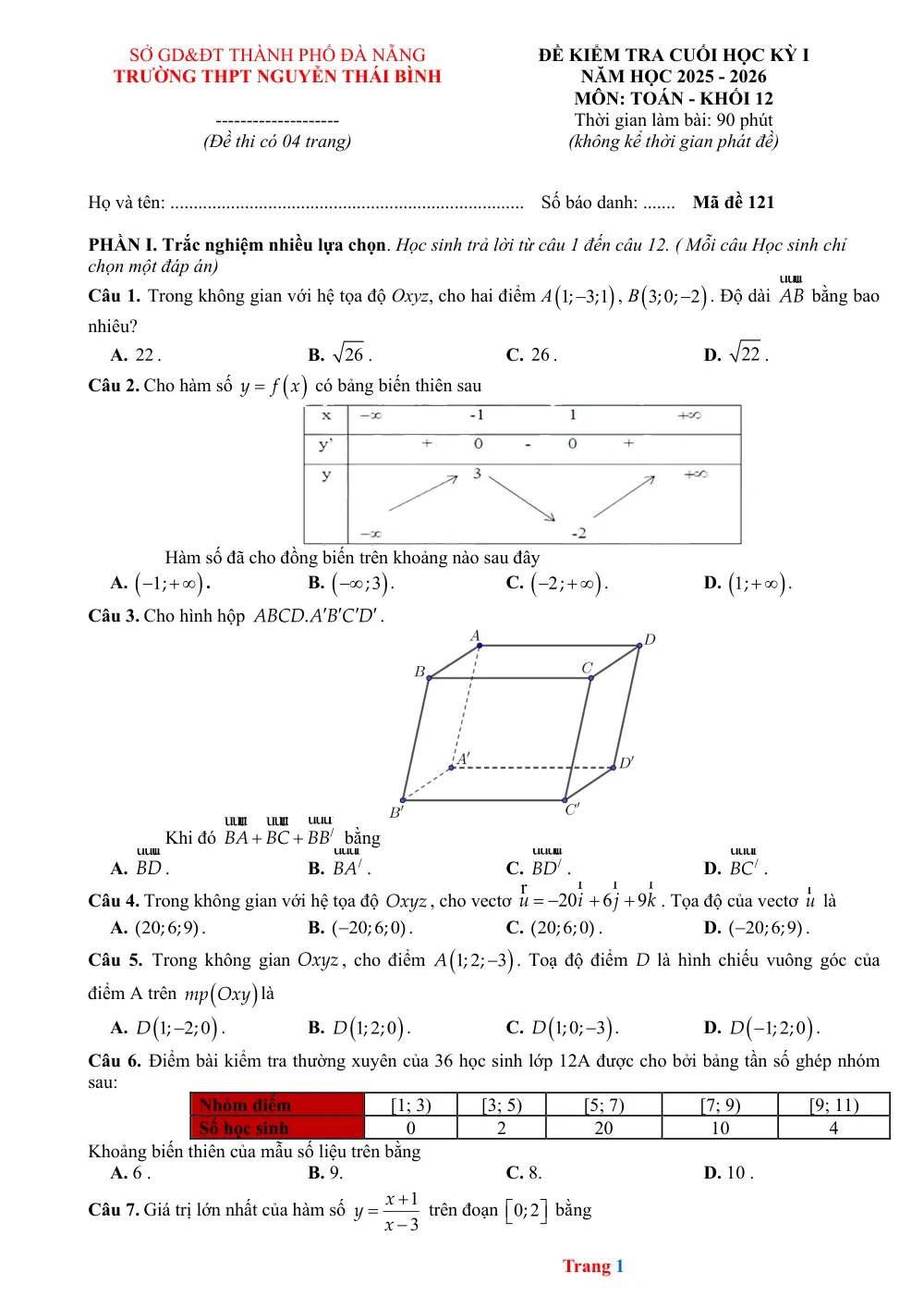 Xem trước trang 1 của "Đề Kiểm Tra Cuối Học Kỳ I - Toán 12 - Trường THPT Nguyễn Thái Bình - Năm học 2025-2026 - Đà Nẵng"
