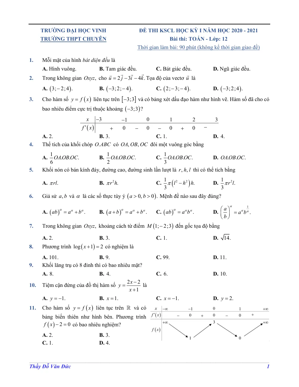 Xem trước trang 1 của "Đề KSCL Học kỳ 1 Toán 12 - Trường THPT Chuyên Đại học Vinh - Năm học 2020-2021"