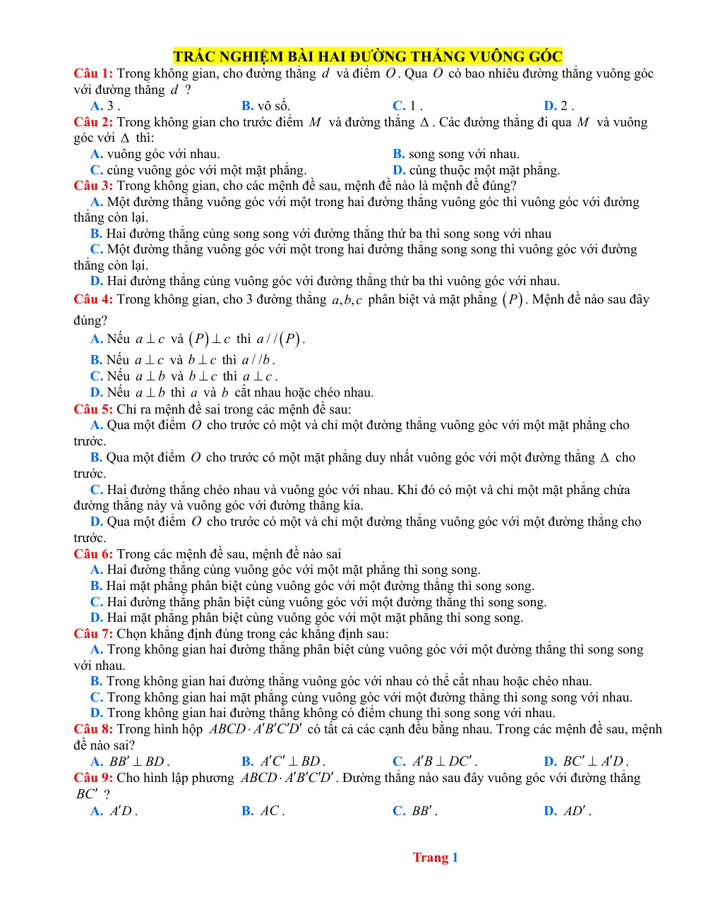 Xem trước trang 1 của "Trắc nghiệm Hai đường thẳng vuông góc - Mục thông hiểu - Hải Dương"