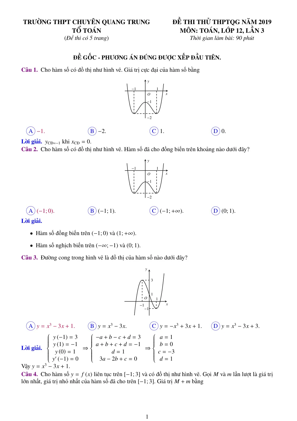 Xem trước trang 1 của "Đề Thi Thử THPTQG 2019 - Môn Toán Lớp 12 - Trường THPT Chuyên Quang Trung - Lần 3 - Bình Phước"