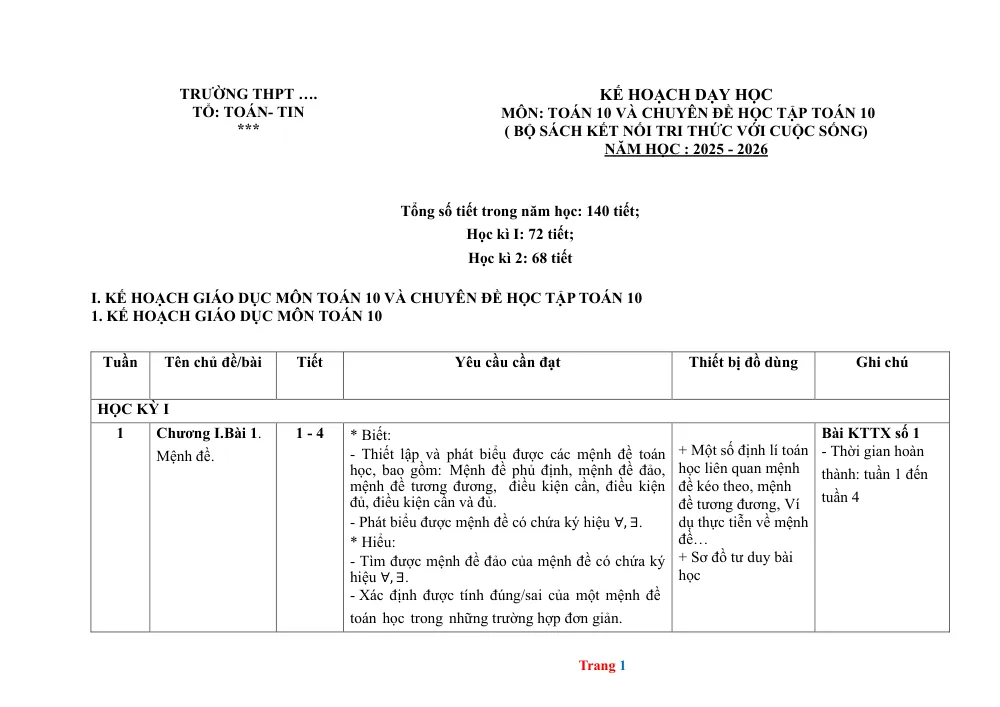 Xem trước trang 1 của "Kế hoạch dạy học Toán 10 - Chuyên đề học tập Toán 10 (Kết nối tri thức với cuộc sống) - Năm học 2025-2026"