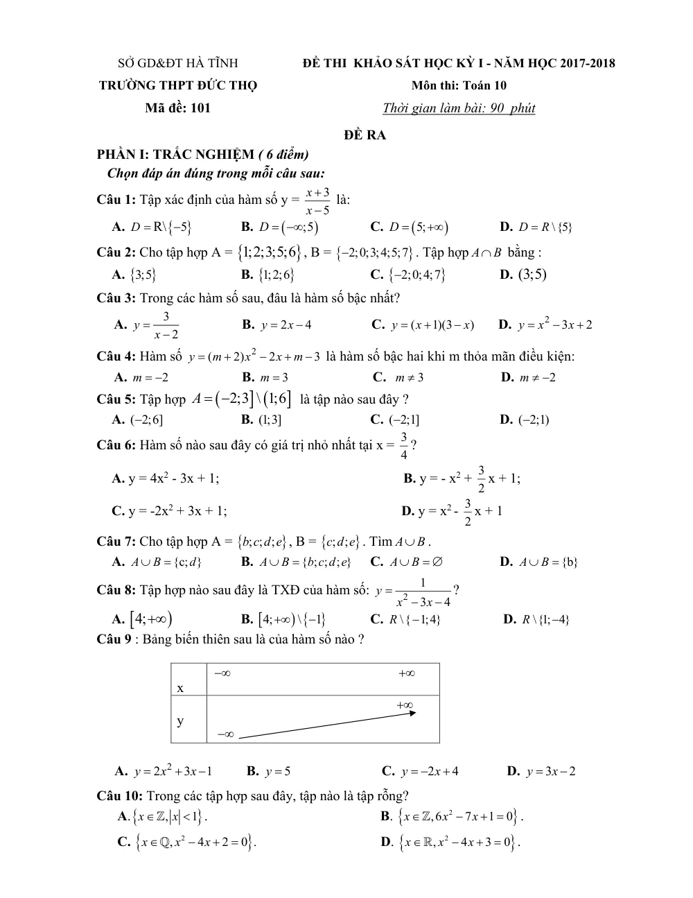 Xem trước trang 1 của "Đề Khảo Sát Học Kỳ 1 Toán 10 - Năm học 2017-2018 - Trường THPT Đức Thọ - Hà Tĩnh"