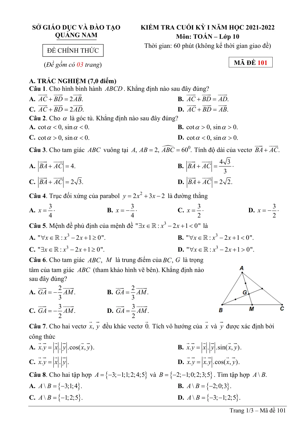 Xem trước trang 1 của "Đề Kiểm Tra Cuối Học Kỳ 1 Toán 10 Năm 2021-2022 - Sở GDĐT Quảng Nam"