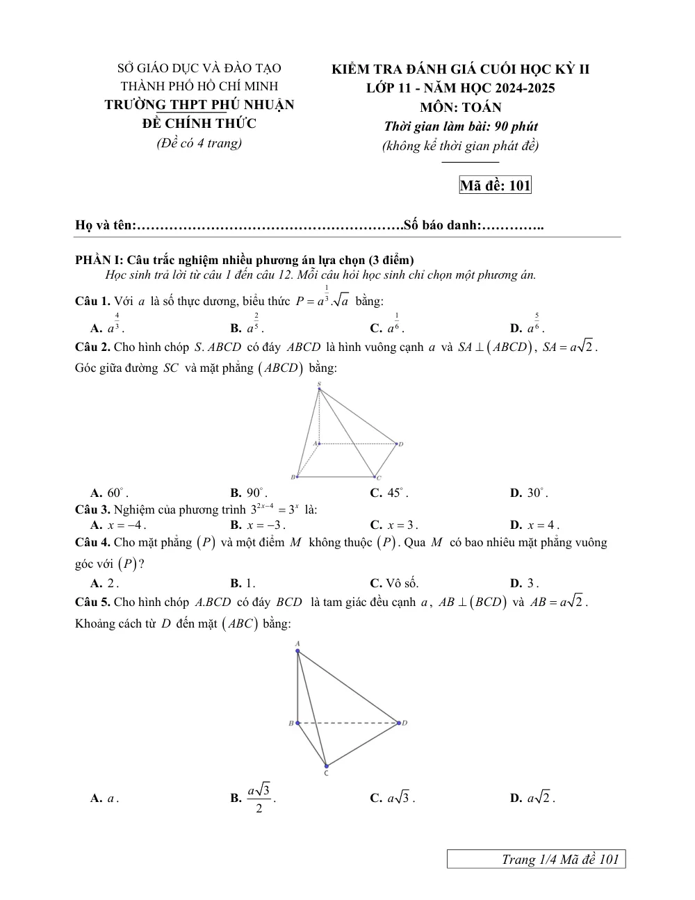 Xem trước trang 1 của "Đề cuối học kỳ 2 Toán 11 - Trường THPT Phú Nhuận - TP. Hồ Chí Minh (Năm học 2024-2025)"