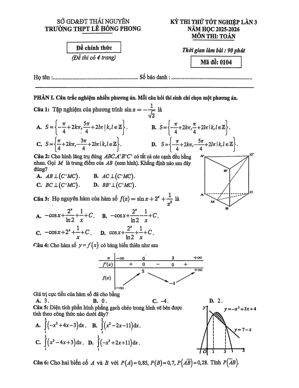 Xem trước trang 1 của "Đề thi thử TN THPT 2026 - Môn Toán Lần 3 - Trường THPT Lê Hồng Phong - Thái Nguyên"