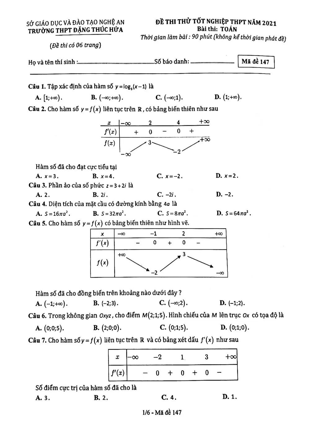 Xem trước trang 1 của "Đề thi thử Toán Tốt nghiệp THPT 2021 - Trường Đặng Thúc Hứa - Nghệ An"