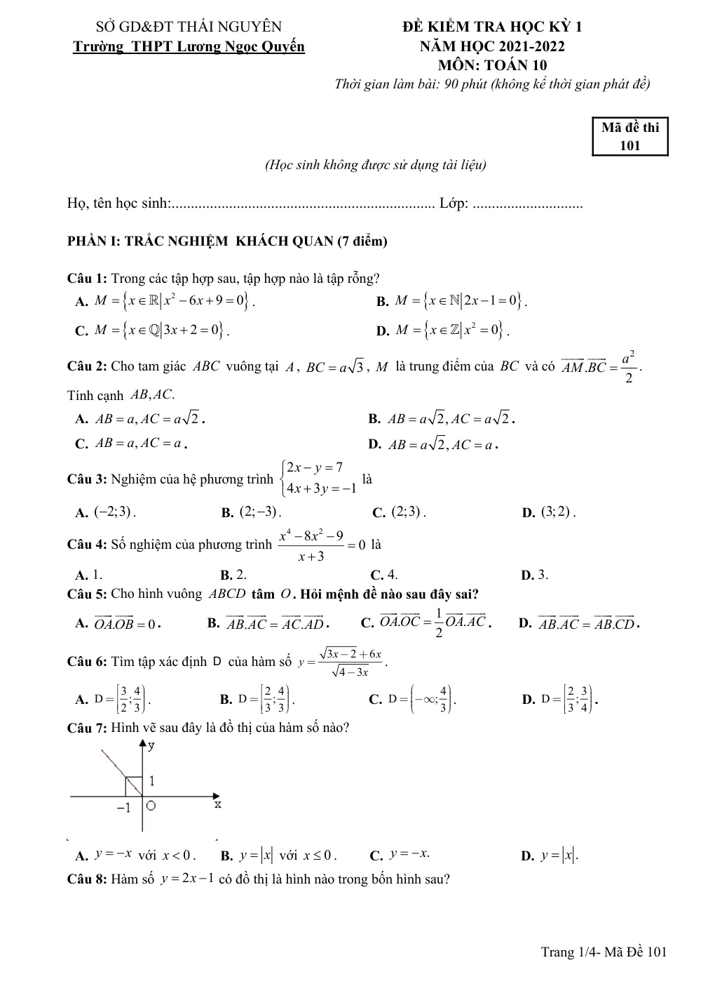 Xem trước trang 1 của "Đề Kiểm Tra Học Kỳ 1 Toán 10 - Năm học 2021-2022 - Trường THPT Lương Ngọc Quyến - Thái Nguyên"
