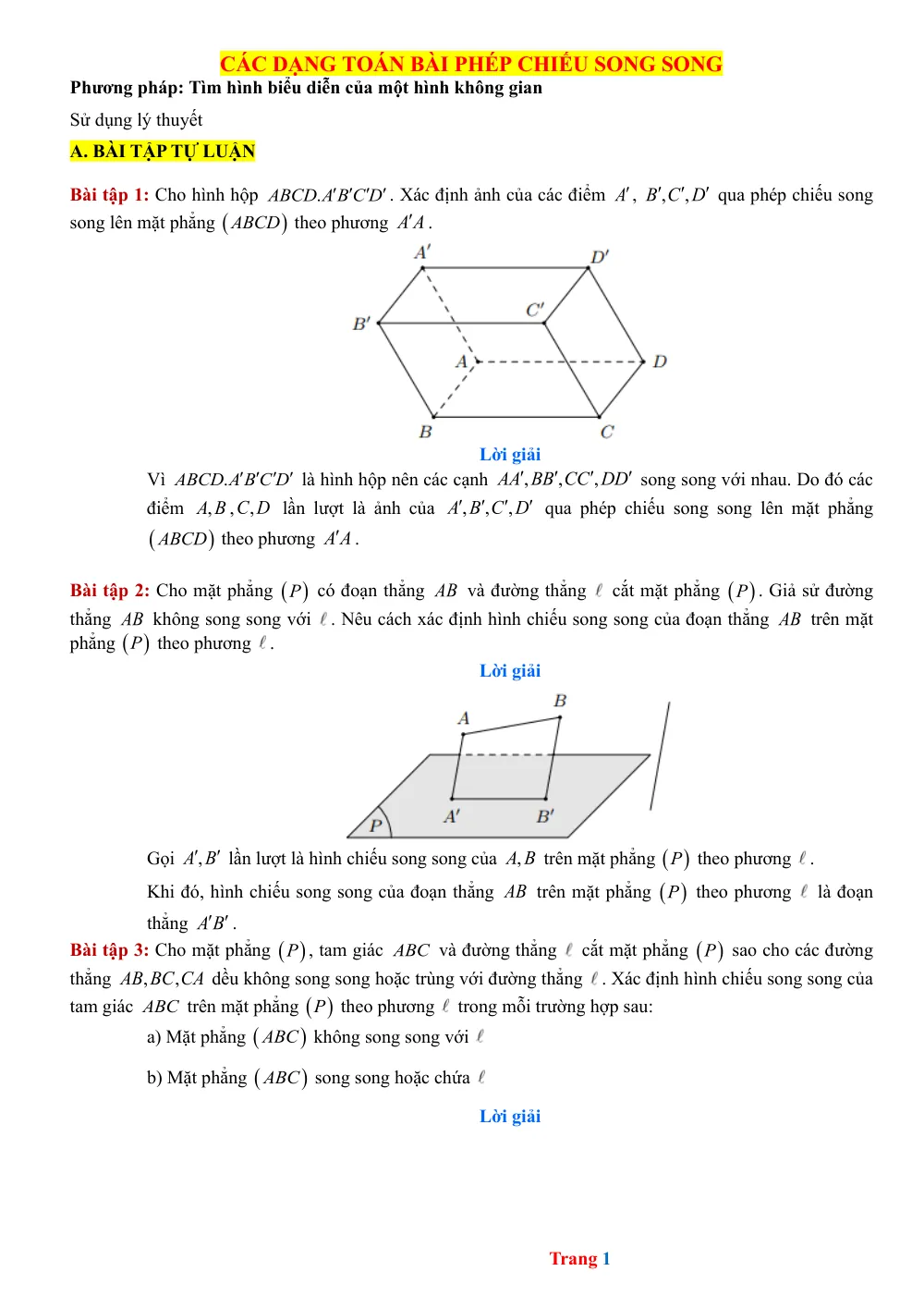 Xem trước trang 1 của "Các dạng bài tập Phép chiếu song song - Lớp 11"