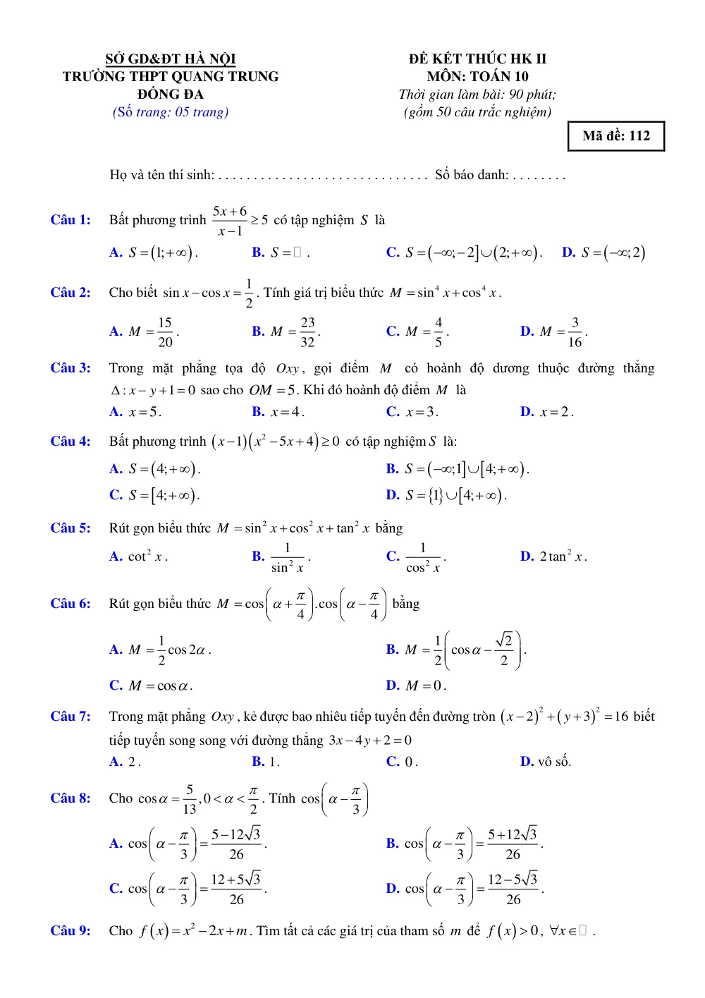 Xem trước trang 1 của "Đề kết thúc HK II Toán 10 - Trường THPT Quang Trung - Hà Nội (2019-2020)"