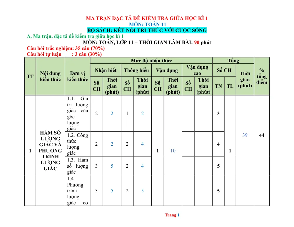 Xem trước trang 1 của "Ma trận, đặc tả đề kiểm tra giữa Học kỳ 1 - Toán 11 - Bộ sách Kết nối tri thức với cuộc sống"
