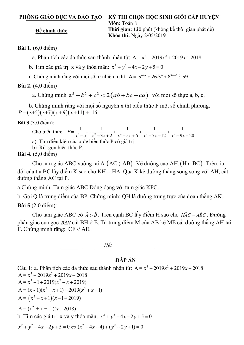 Xem trước trang 1 của "Đề Thi HSG Toán Lớp 8 Cấp Huyện - 2019"
