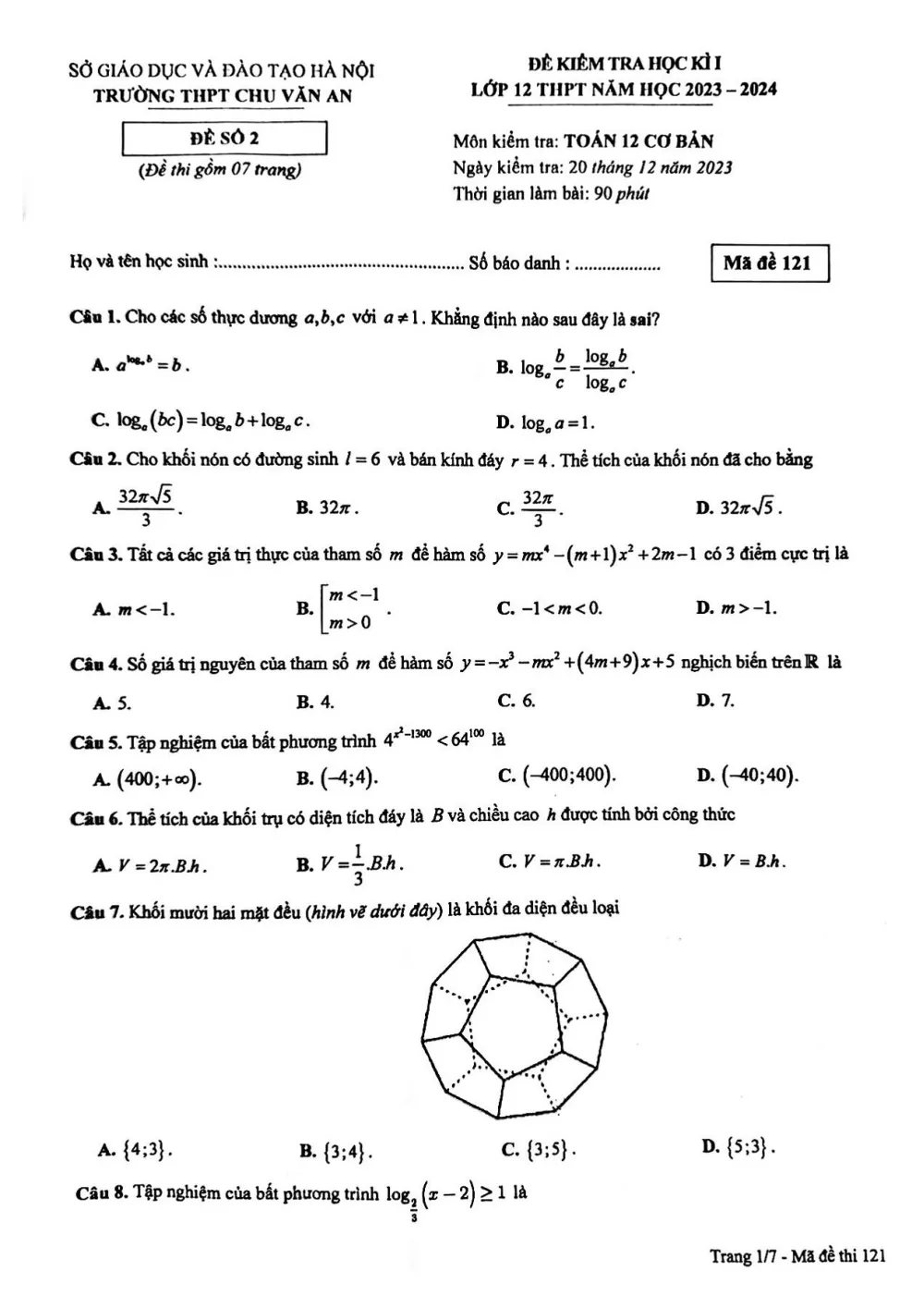 Xem trước trang 1 của "Đề học kỳ 1 Toán 12 - Năm học 2023-2024 - Trường THPT Chu Văn An - Hà Nội"