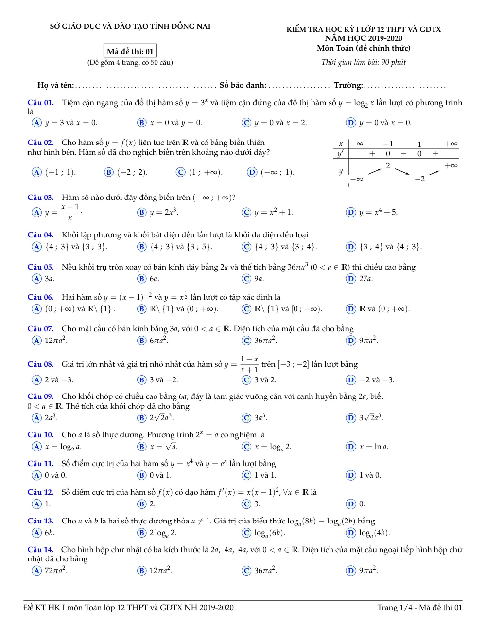 Xem trước trang 1 của "Đề thi HK1 Toán 12 - Năm học 2019-2020 - Sở GDĐT Đồng Nai"