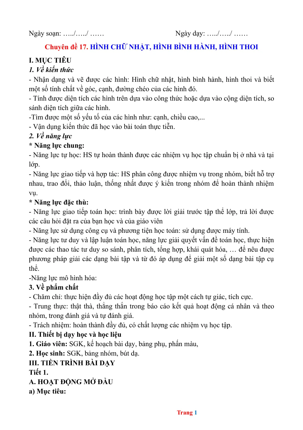 Xem trước trang 1 của "Chuyên đề 17: Hình chữ nhật, Hình bình hành, Hình thoi - Toán 6"