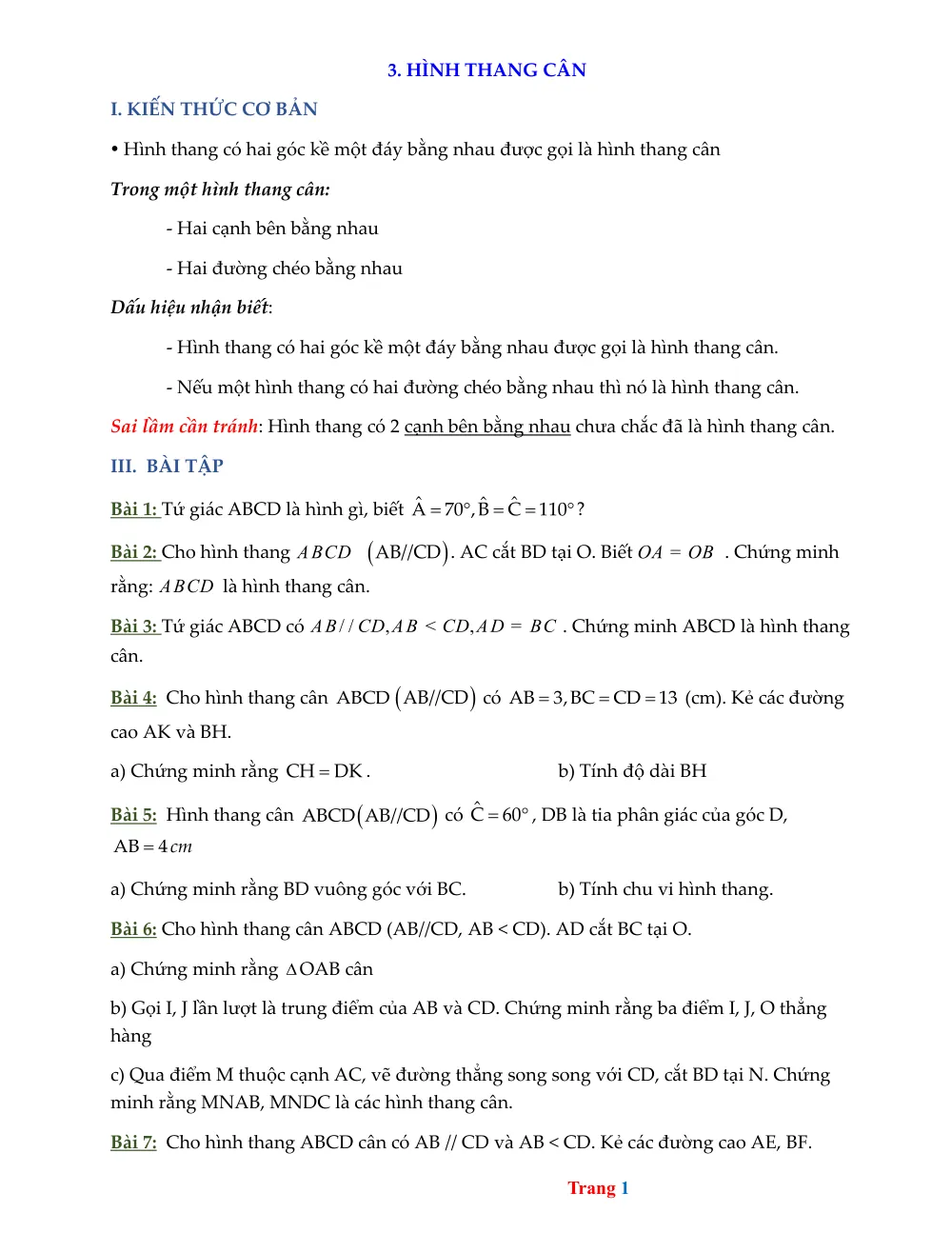 Xem trước trang 1 của "Bài tập Hình Lớp 8: Hình Thang Cân"