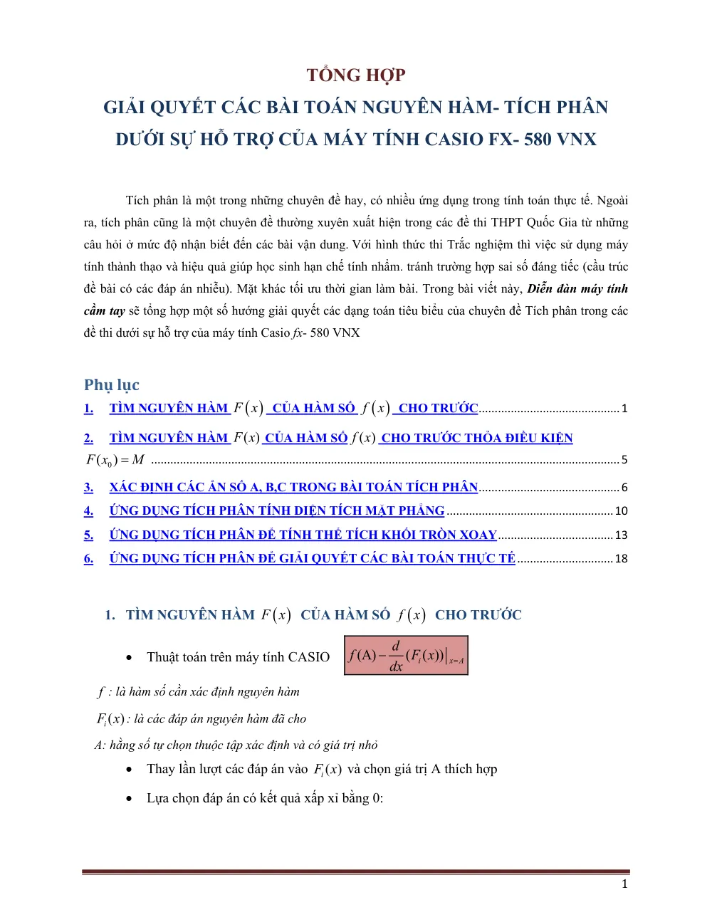 Xem trước trang 1 của "Tổng hợp Giải quyết các bài toán Nguyên hàm - Tích phân dưới sự hỗ trợ của máy tính Casio FX-580 VNX"