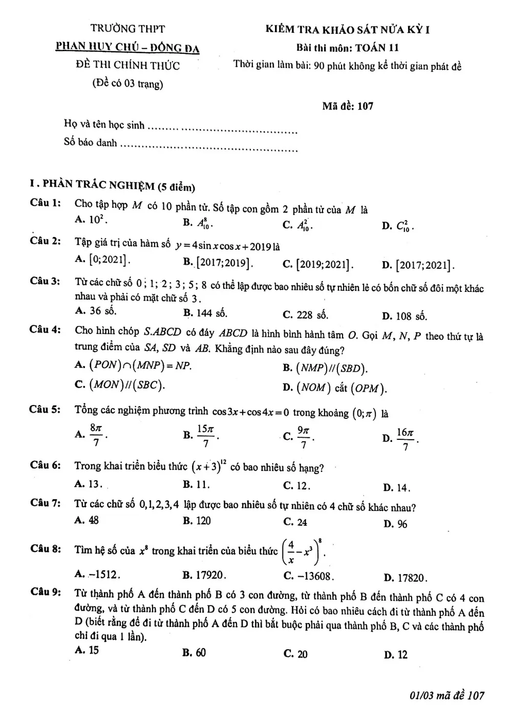Xem trước trang 1 của "Đề Kiểm Tra Khảo Sát Nửa Kỳ 1 Toán 11 - Trường THPT Phan Huy Chú - Hà Nội"