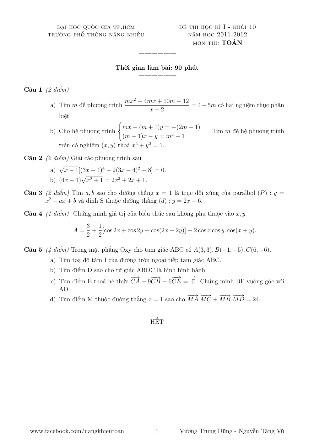 Xem trước trang 1 của "Đề Thi Học Kỳ 1 Toán 10 - Trường PTNK TP.HCM (2011-2016)"