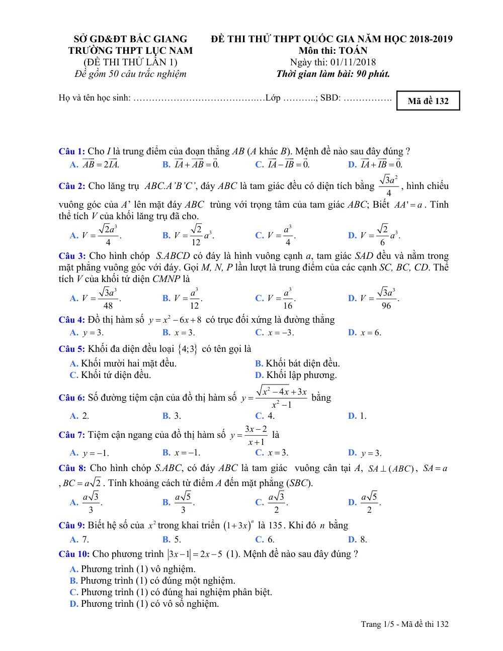 Xem trước trang 1 của "Đề Thi Thử Toán THPT Quốc Gia 2019 - Trường THPT Lục Nam - Bắc Giang (Lần 1)"