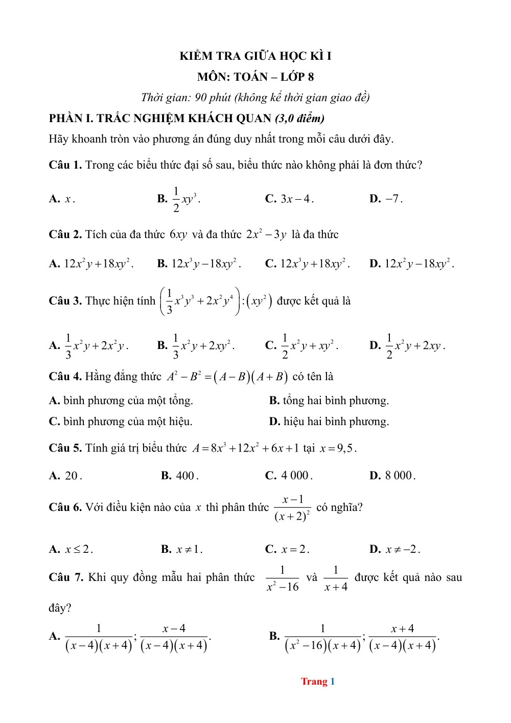 Xem trước trang 1 của "Kiểm tra giữa Học kỳ 1 Toán 8 CTST"