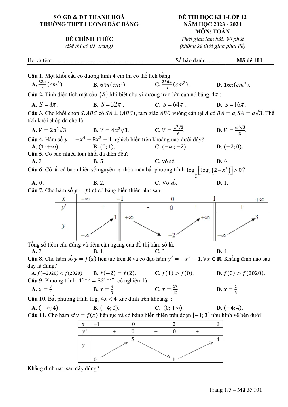 Xem trước trang 1 của "Đề học kỳ 1 Toán 12 - Trường THPT Lương Đắc Bằng - Năm học 2023-2024"