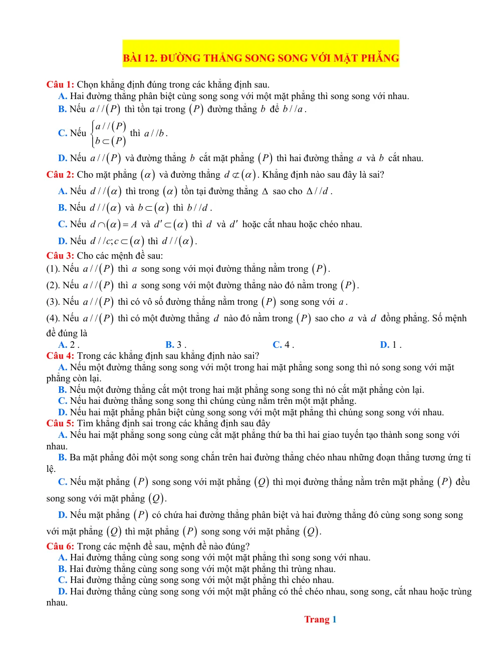 Xem trước trang 1 của "Trắc nghiệm Bài 12. Đường thẳng song song với mặt phẳng - Mức thông hiểu"