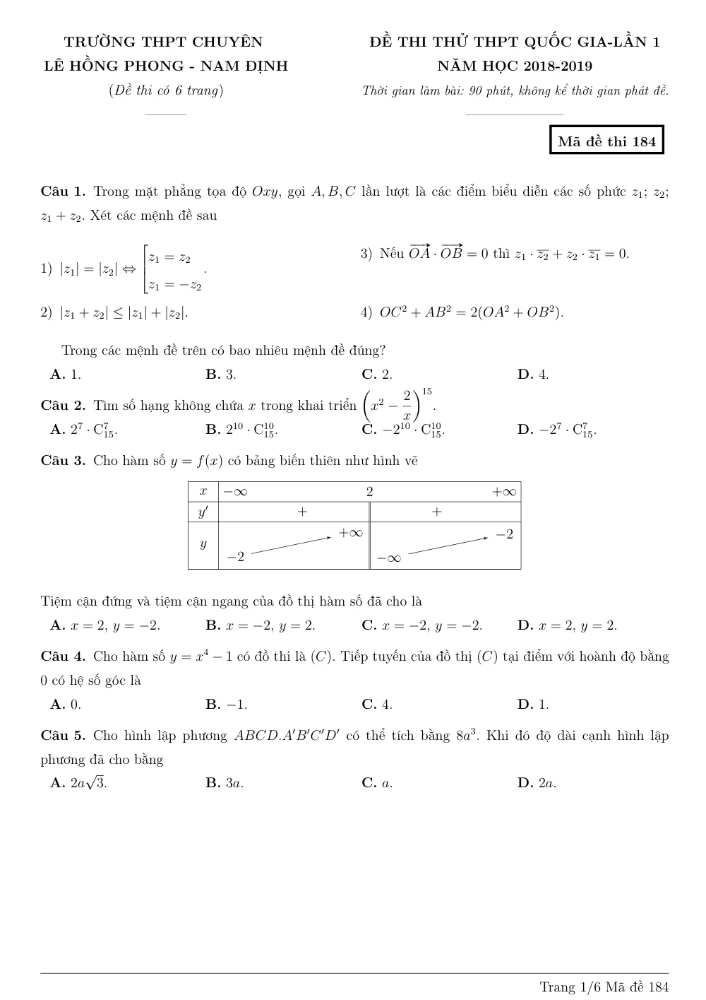 Xem trước trang 1 của "Đề thi thử Toán THPT 2019 Lần 1 - Trường THPT Chuyên Lê Hồng Phong - Nam Định"