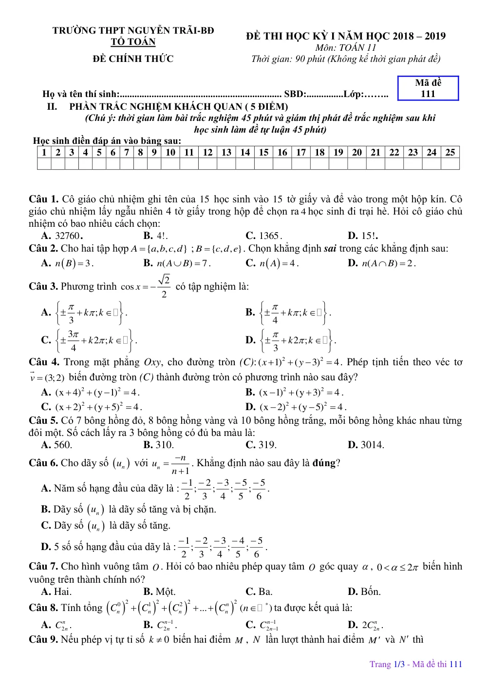 Xem trước trang 1 của "Đề thi học kỳ 1 Toán 11 - Trường THPT Nguyễn Trãi - Hà Nội (Năm học 2018-2019)"