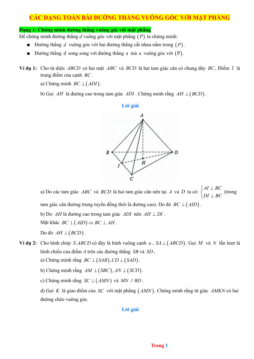 Xem trước trang 1 của "Các dạng bài tập Đường thẳng vuông góc với mặt phẳng - Toán 11"