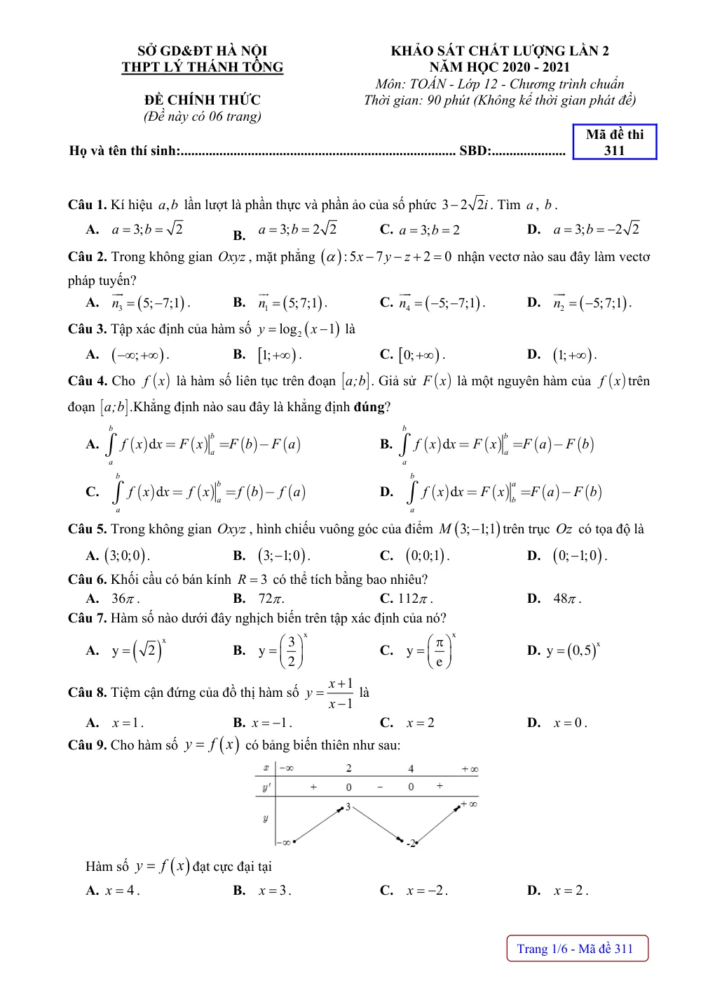 Xem trước trang 1 của "Đề Khảo Sát Chất Lượng Lần 2 - Toán 12 - Trường THPT Lý Thánh Tông - Năm học 2020-2021 - Hà Nội"