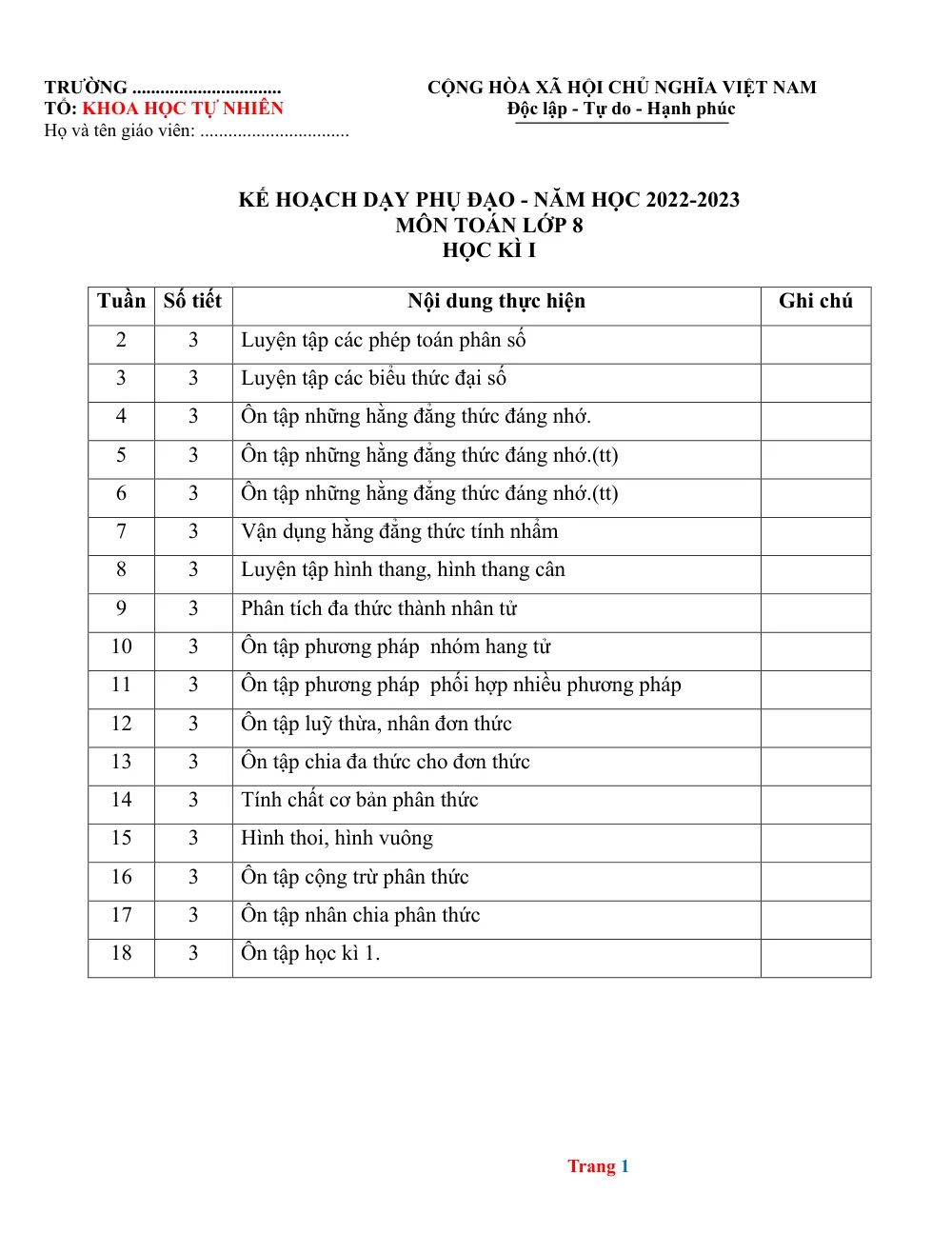 Xem trước trang 1 của "Kế hoạch dạy phụ đạo Toán 8 - Năm học 2022-2023"