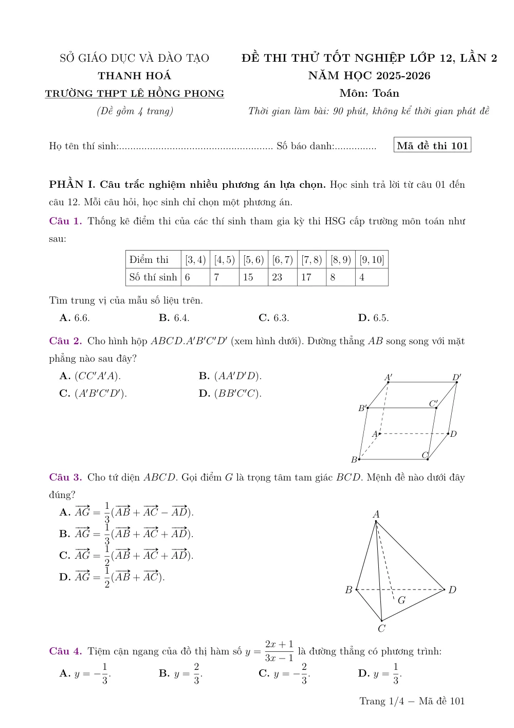 Xem trước trang 1 của "Đề Thi Thử TN THPT 2026 - Môn Toán Lần 2 - Trường THPT Lê Hồng Phong - Thanh Hóa"