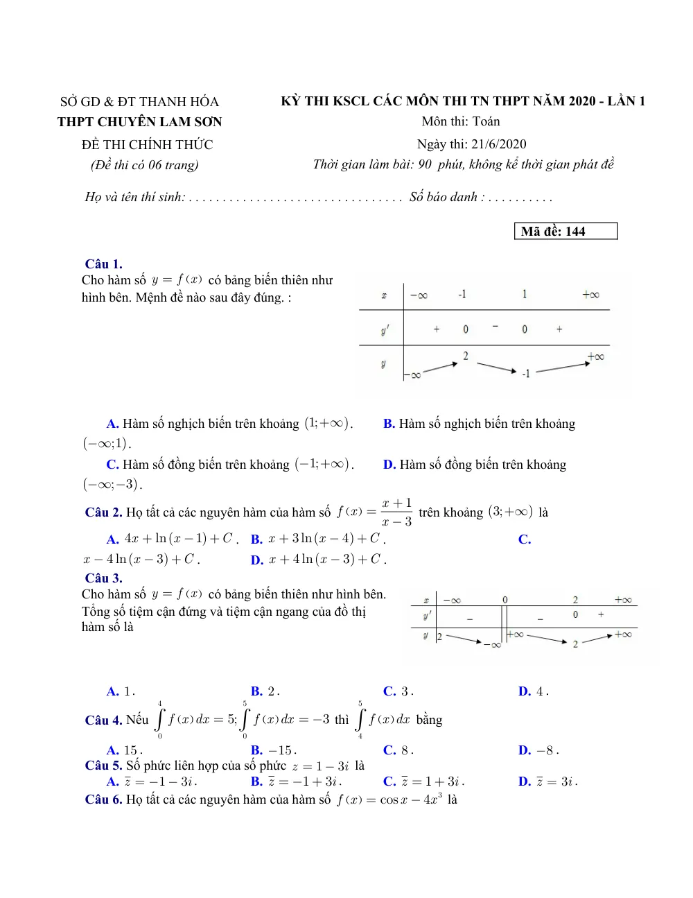 Xem trước trang 1 của "Kỳ Thi KSCL Các Môn Thi TN THPT 2020 - Lần 1 - Trường THPT Chuyên Lam Sơn - Toán - Khối 12 - Thanh Hóa"