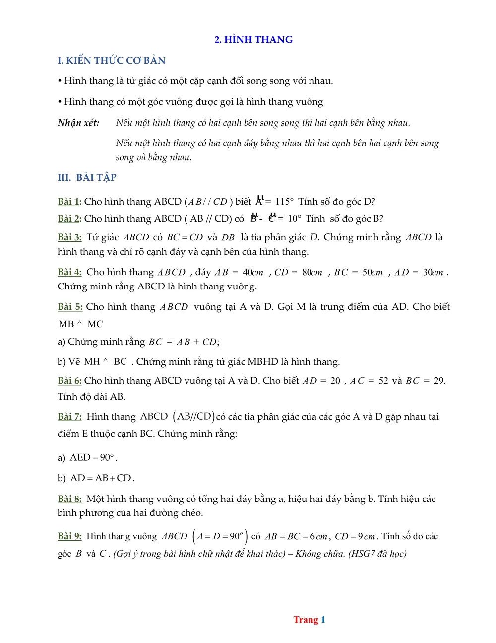 Xem trước trang 1 của "Bài tập Hình học lớp 8: Hình thang"