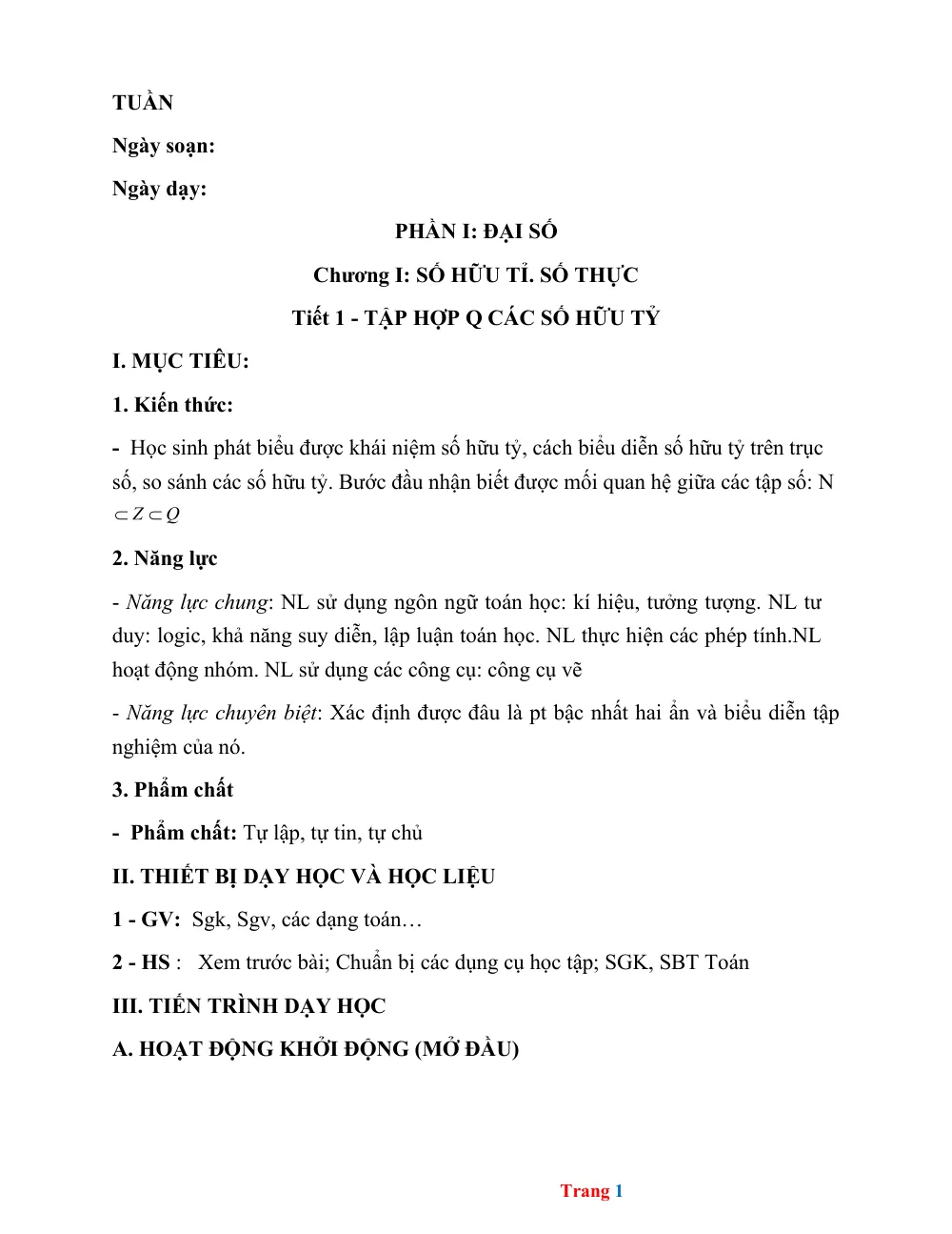 Xem trước trang 1 của "Toán 7 - Học kỳ 1 - Tuần 1: Tập hợp Q các số hữu tỷ"