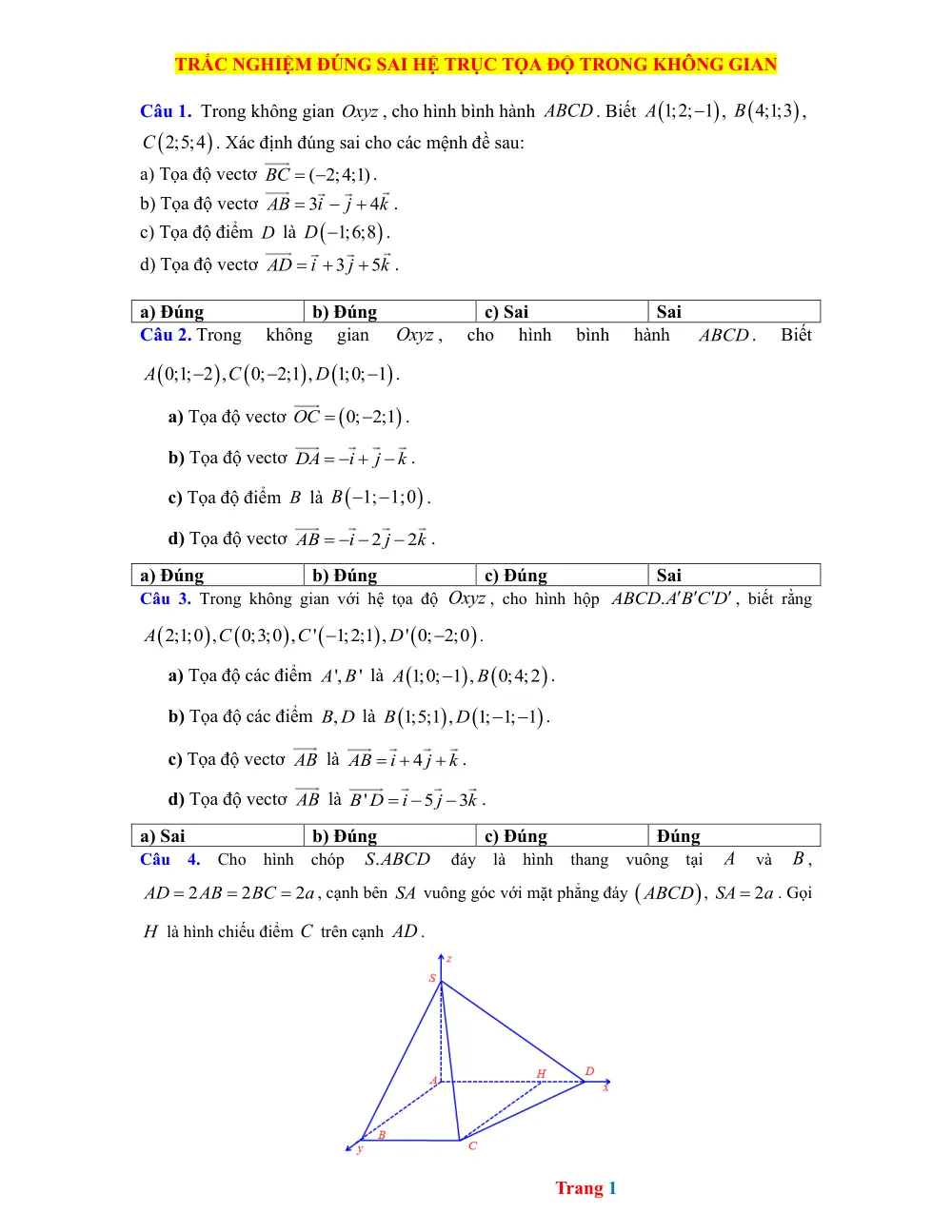 Xem trước trang 1 của "Trắc nghiệm Đúng sai hệ trục tọa độ trong không gian - Lớp 12"