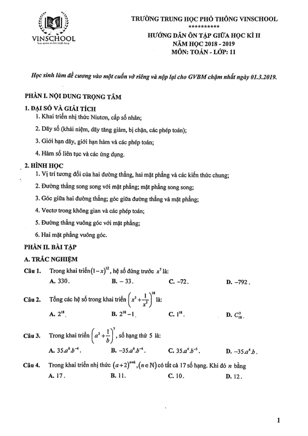 Xem trước trang 1 của "Hướng dẫn ôn tập giữa HK2 Toán 11 - Trường THPT Vinschool - Hà Nội (2018-2019)"