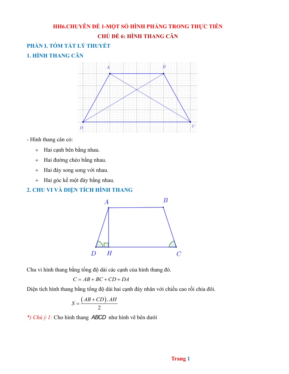 Xem trước trang 1 của "Chuyên đề 1: Hình Thang Cân - HH6"