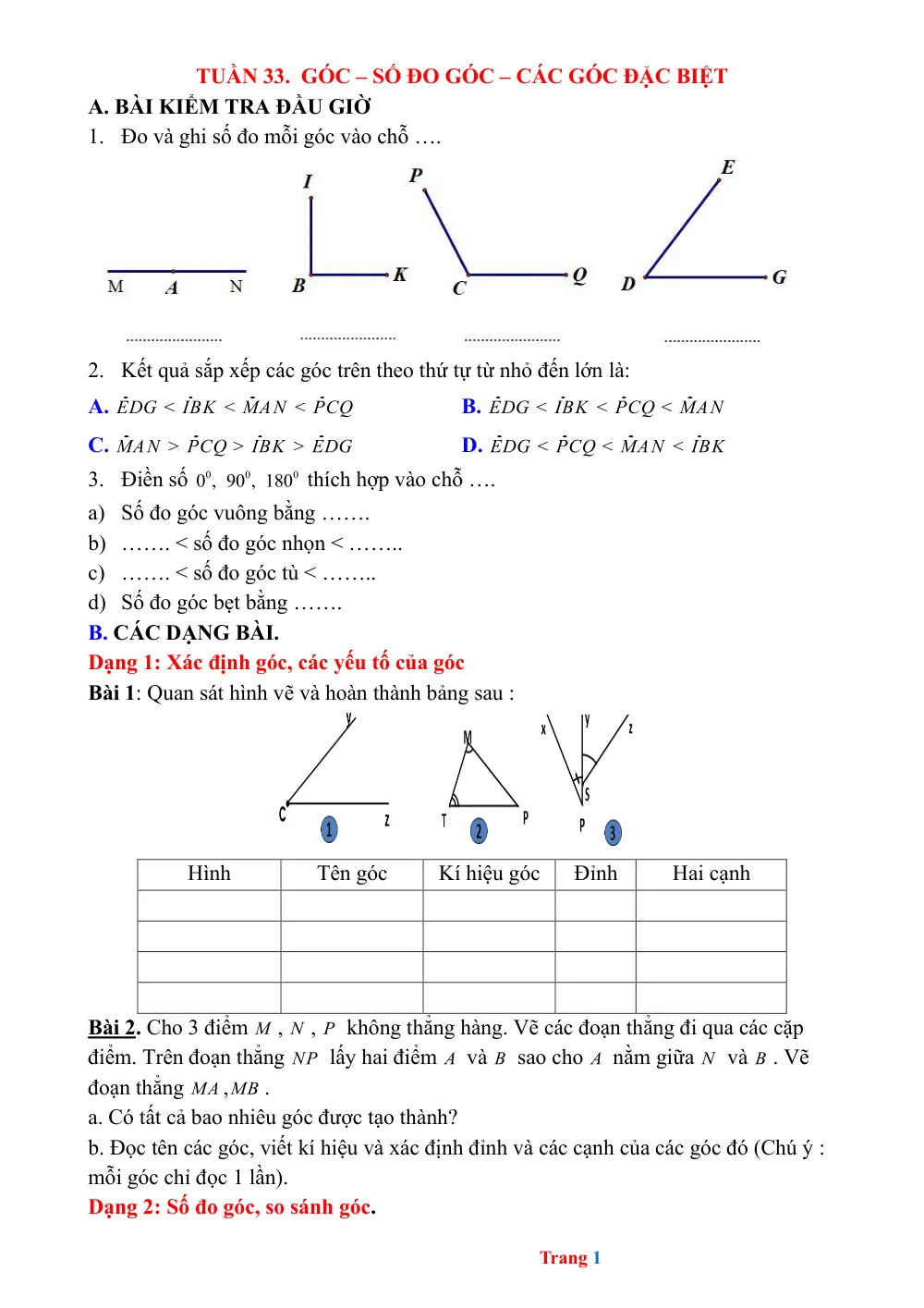 Xem trước trang 1 của "Bài tập Toán 6 KNTT Tuần 33: Góc – Số đo góc – Các góc đặc biệt"