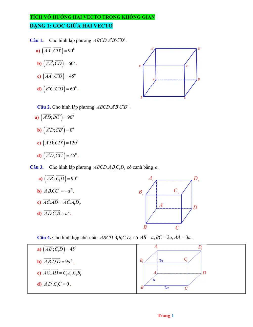 Xem trước trang 1 của "Trắc nghiệm Đúng sai Tích vô hướng hai vectơ trong không gian - Lớp 12"