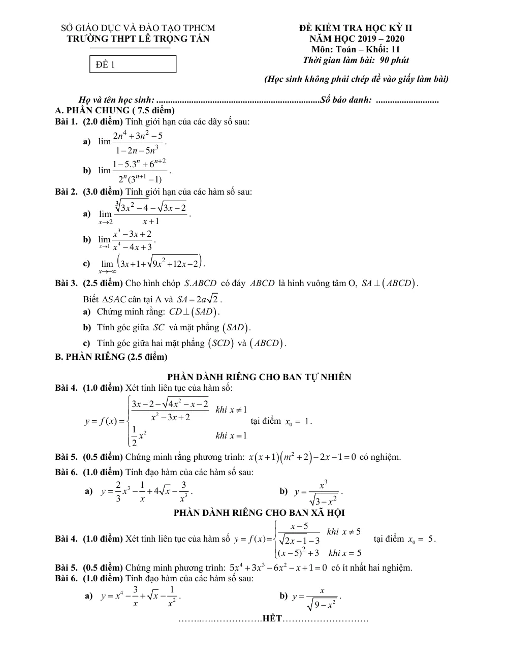 Xem trước trang 1 của "Đề Kiểm Tra Học Kỳ II Toán 11 Năm Học 2019-2020 - Trường THPT Lê Trọng Tấn - TP. Hồ Chí Minh"