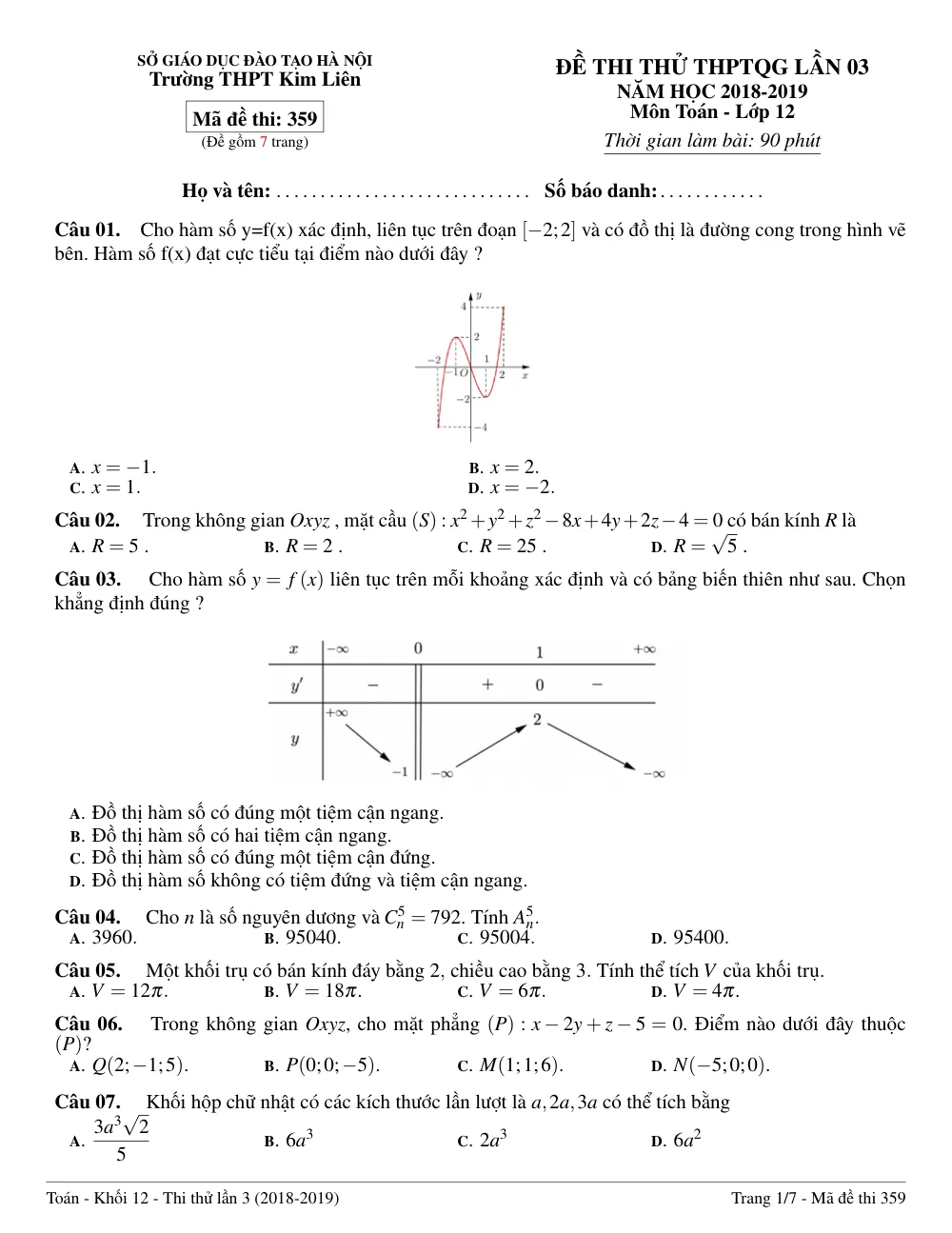 Xem trước trang 1 của "Đề Thi Thử THPTQG 2019 Lần 3 - Trường THPT Kim Liên - Toán 12 - Hà Nội"