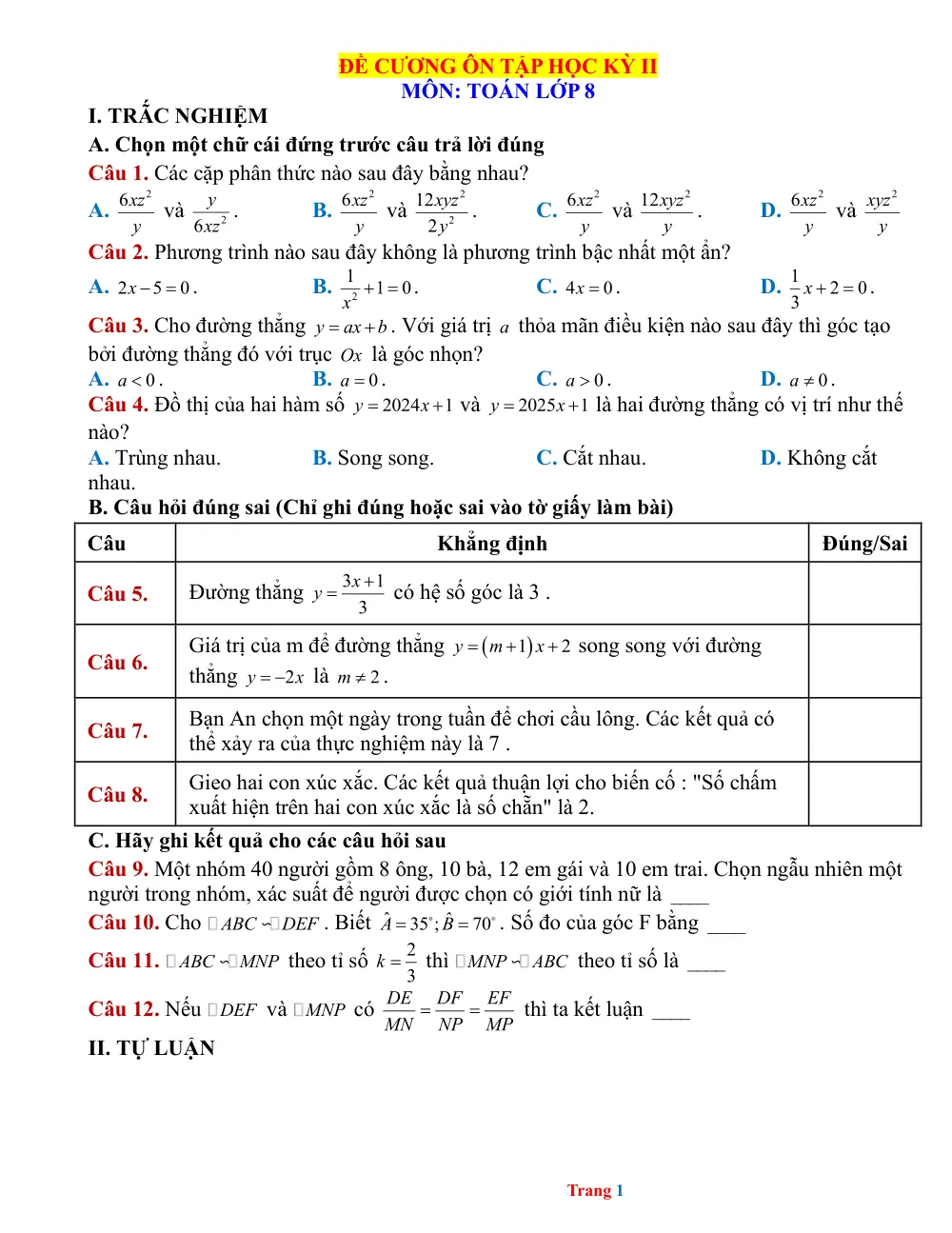 Xem trước trang 1 của "Đề Cương Ôn Tập Học Kỳ II - Toán 8"