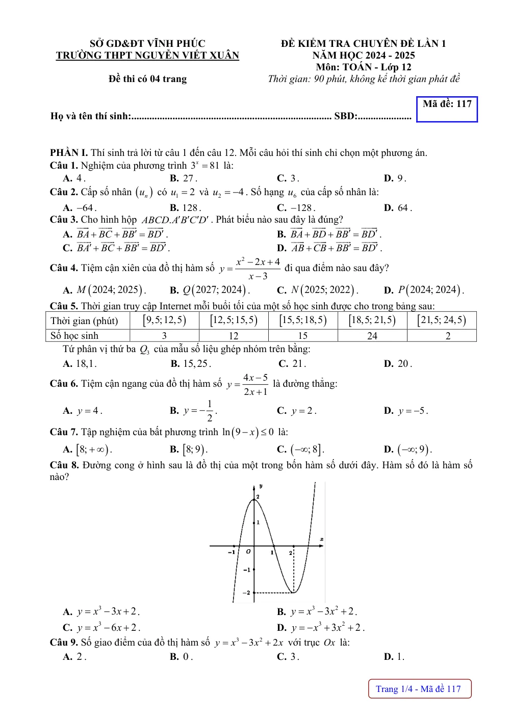 Xem trước trang 1 của "Đề Kiểm Tra Chuyên Đề Lần 1 Toán 12 - Trường THPT Nguyễn Viết Xuân - Năm học 2024-2025 - Vĩnh Phúc"