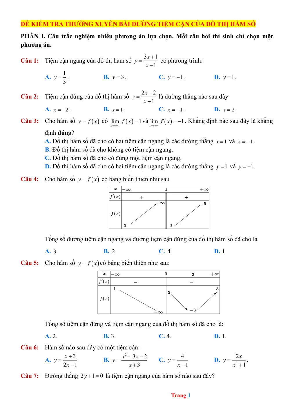 Xem trước trang 1 của "Đề kiểm tra thường xuyên: Đường tiệm cận của đồ thị hàm số"