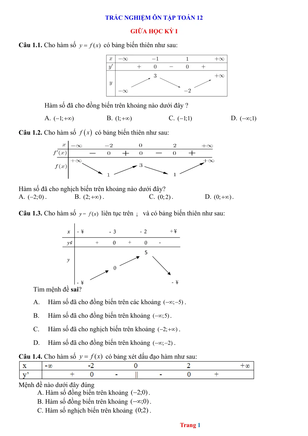 Xem trước trang 1 của "140 Câu Trắc Nghiệm Toán 12 Giữa Học Kỳ 1"