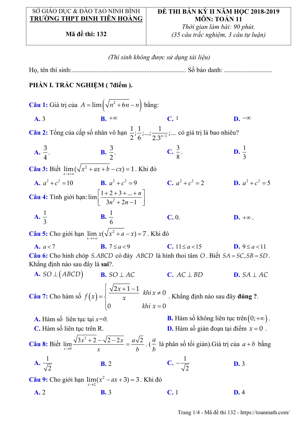 Xem trước trang 1 của "Đề Thi Bán Kỳ II Toán 11 Năm Học 2018-2019 - Trường THPT Đinh Tiên Hoàng - Ninh Bình"