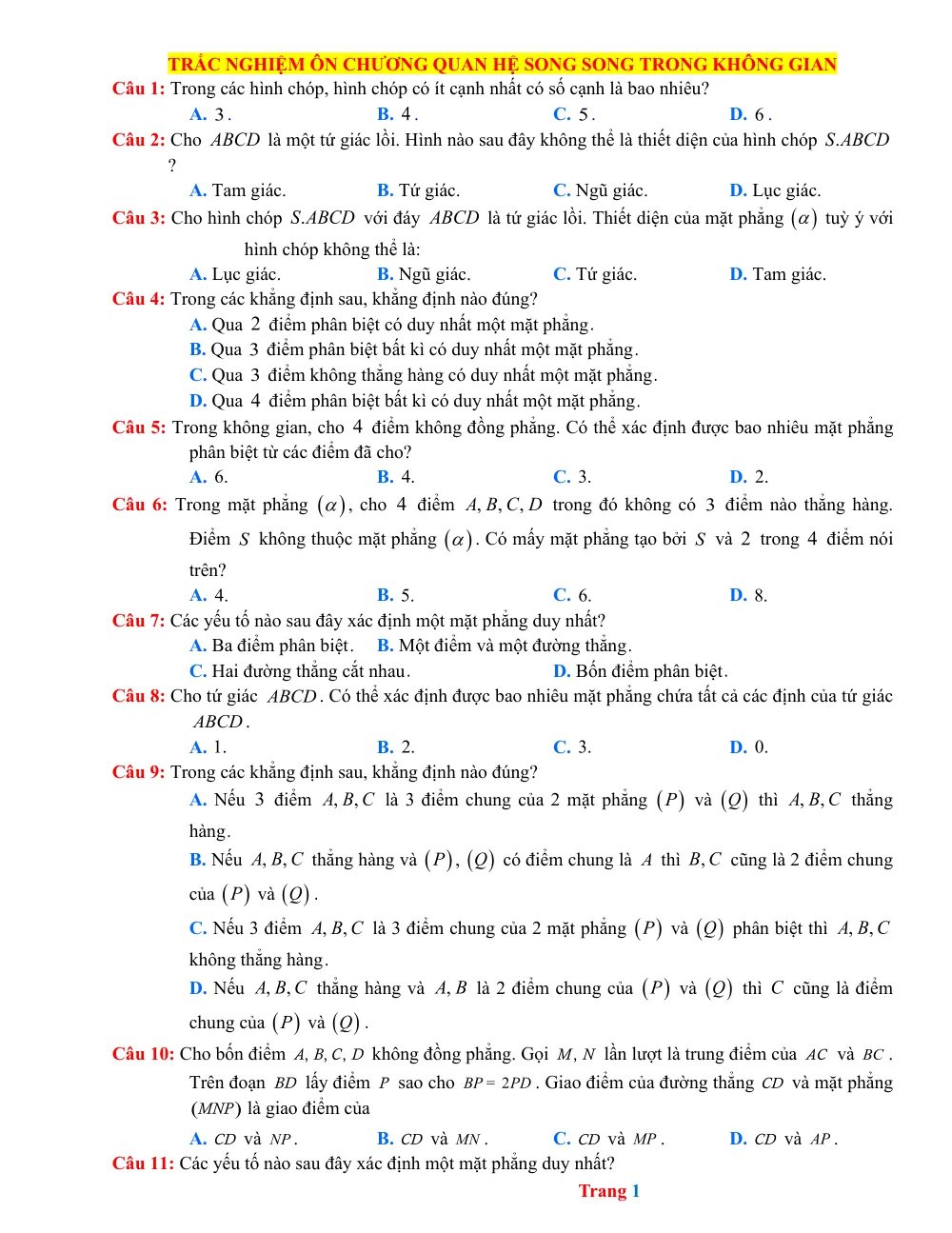 Xem trước trang 1 của "Trắc nghiệm ôn chương Quan hệ song song trong không gian"