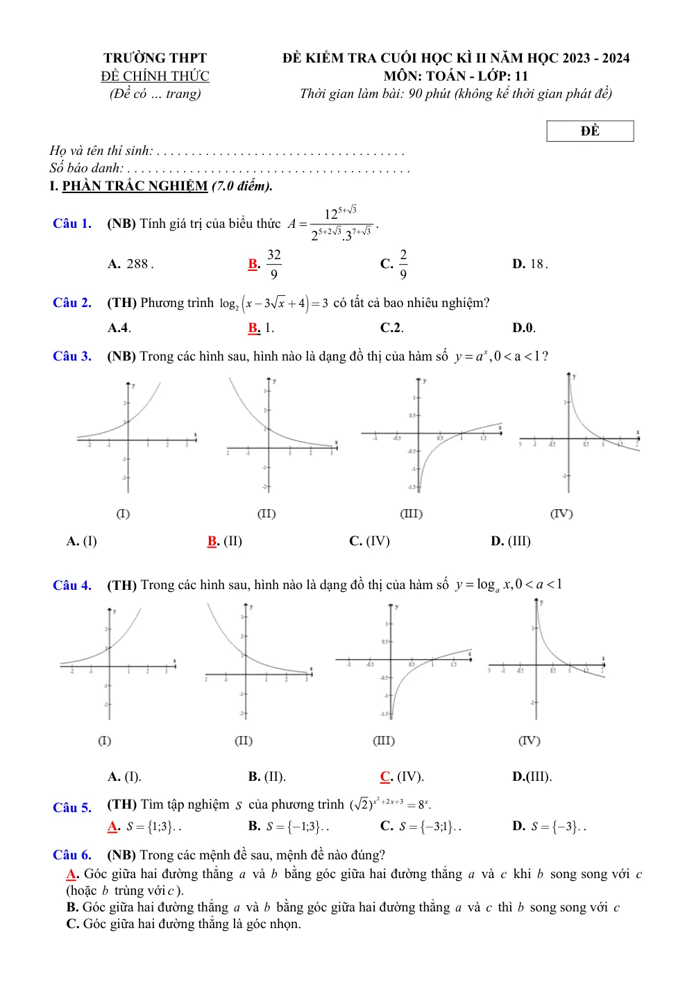 Xem trước trang 1 của "Đề Kiểm Tra Cuối Học Kỳ II Môn Toán Lớp 11 Năm Học 2023 - 2024"